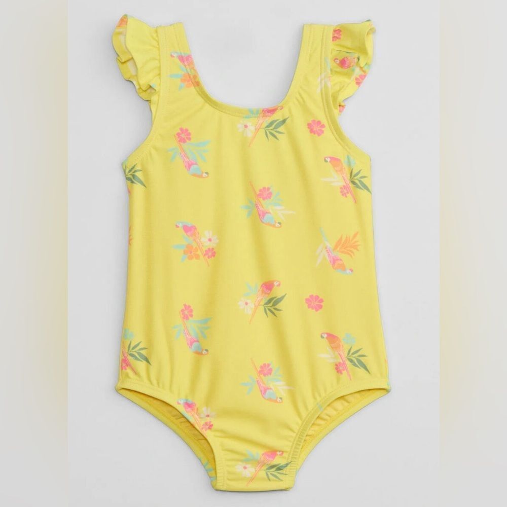GAPFactory Bright Yellow One Piece Flutter Swimsuit Floral Parrot Print Size 5T